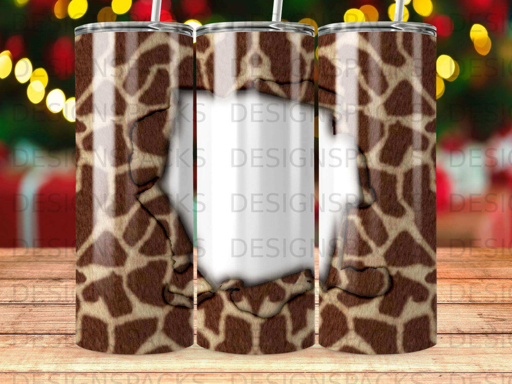 Giraffe print tumbler with ripped paper overlay.