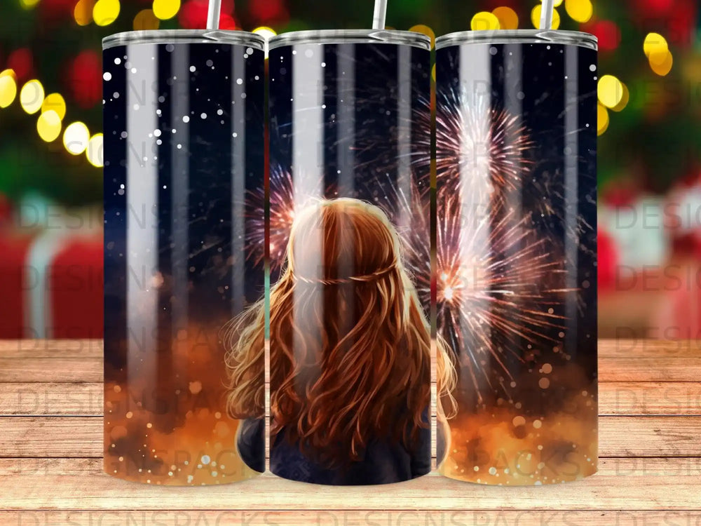 Woman watching fireworks with ornate design on tumbler.