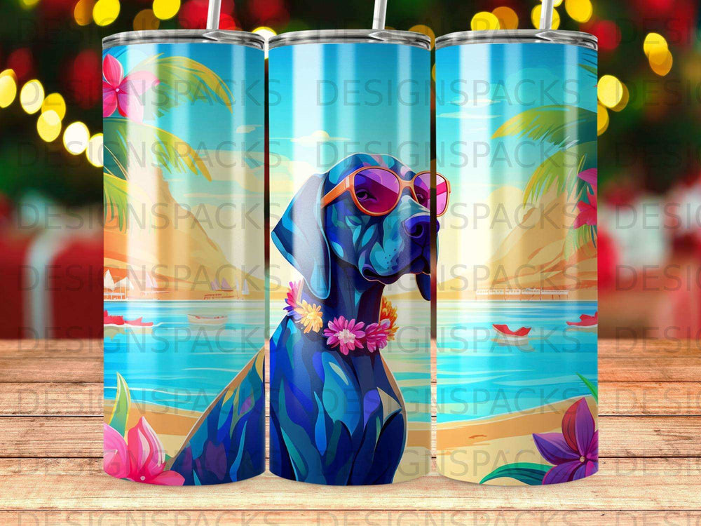 Blue dog with sunglasses and flower lei on beach, tropical background.