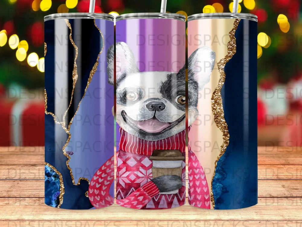 French bulldog in sweater holding coffee cup, surrounded by abstract colorful patterns.