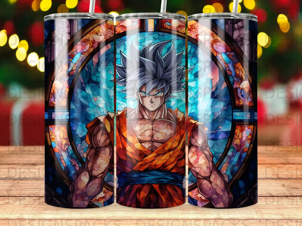 Goku in orange gi, stained glass background, digital art.
