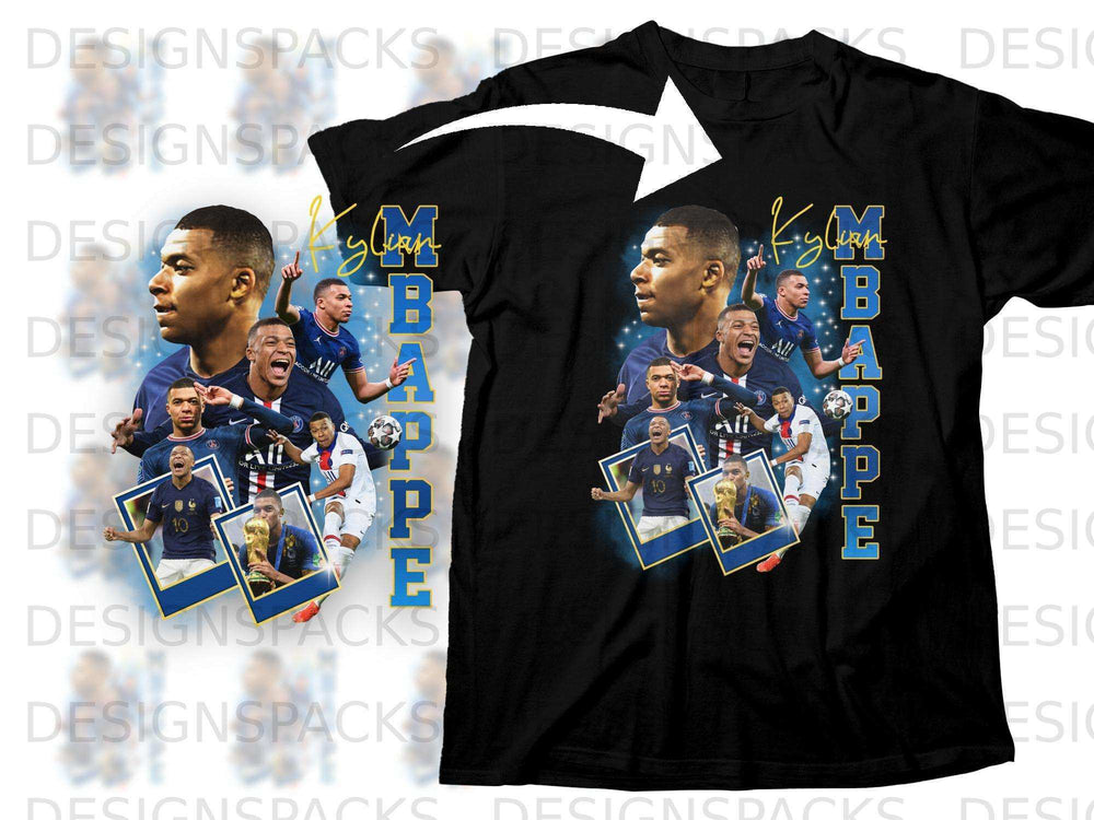 Kylian Mbappé wearing a blue jersey, holding a trophy, on a black t-shirt.