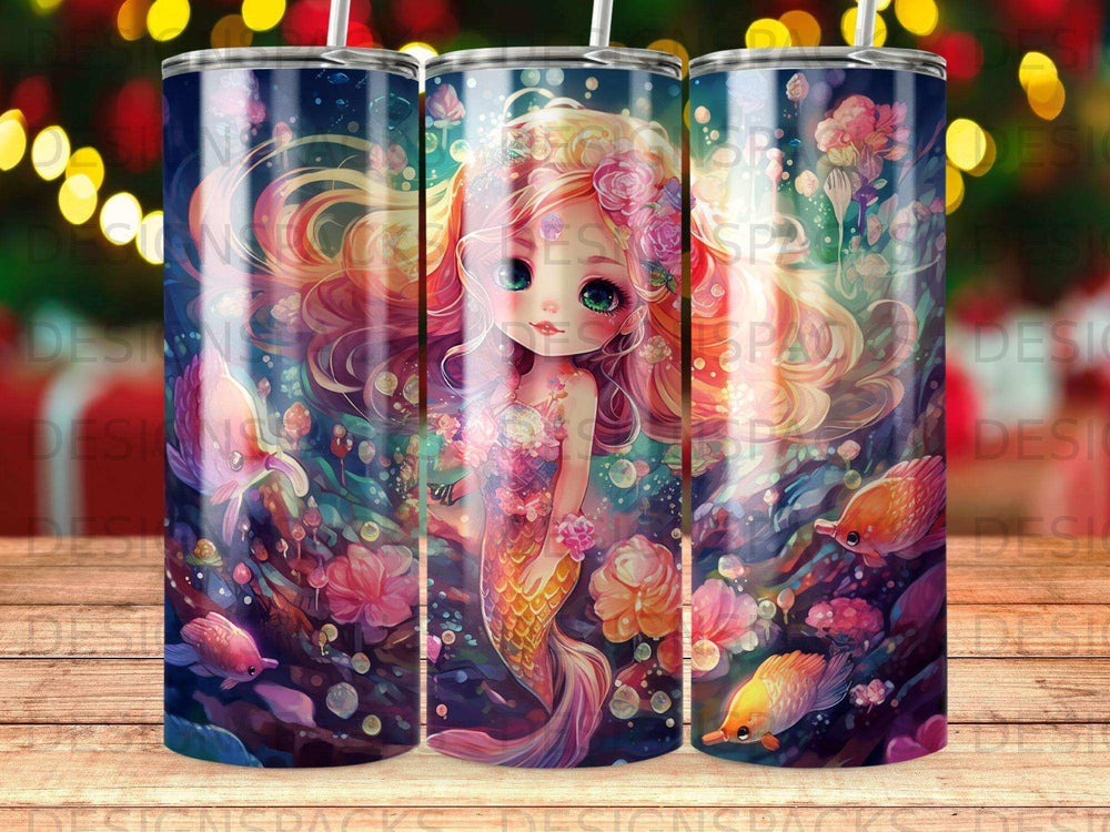 Cartoon mermaid with flowing colorful hair surrounded by flowers and fish.