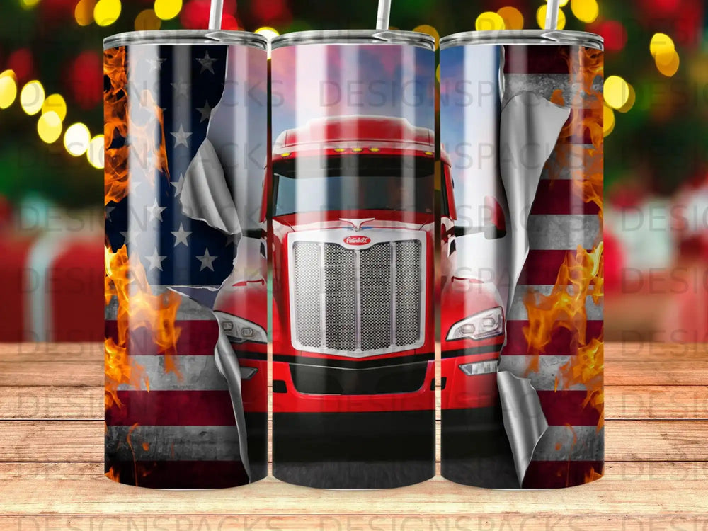 Red semi-truck against American flag with flames.