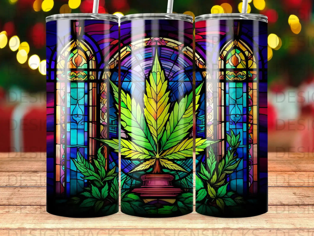 Stained glass cannabis leaf design on a tumbler.