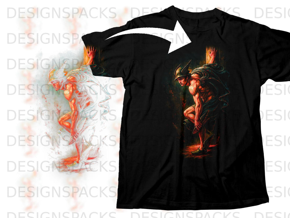 Black t-shirt featuring an illustration of a muscular man with winged helmet.