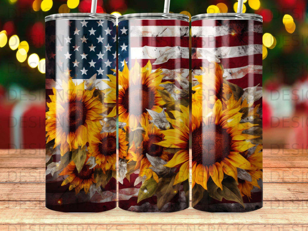 American flag with sunflowers design on a skinny tumbler.