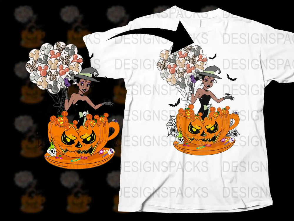 Halloween Witch and Pumpkin Balloon T-Shirt, Spooky Party Costume Tee, Full Color Graphic Print Shirt