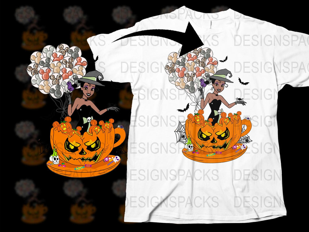 Halloween Witch and Pumpkin Balloon T-Shirt, Spooky Party Costume Tee, Full Color Graphic Print Shirt