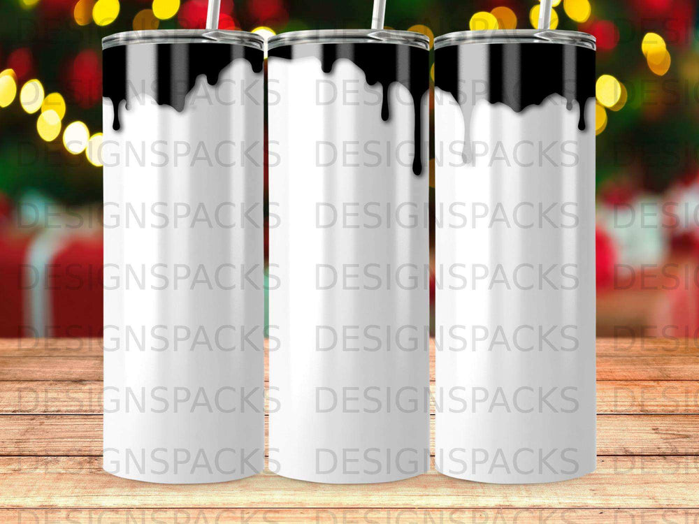 Three tumblers with black liquid dripping from the top, against a blurred background.