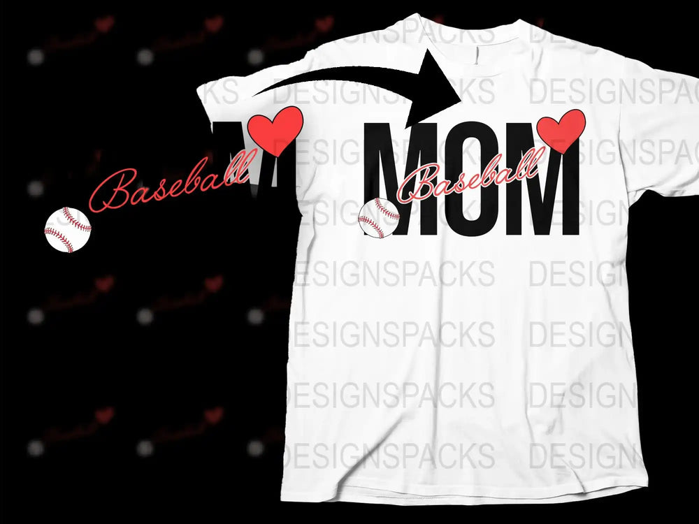 Baseball Mom T-Shirt, Women's Sports Fan Apparel, Heart Baseball Design, Casual Graphic Tee for Moms, Gift for Her