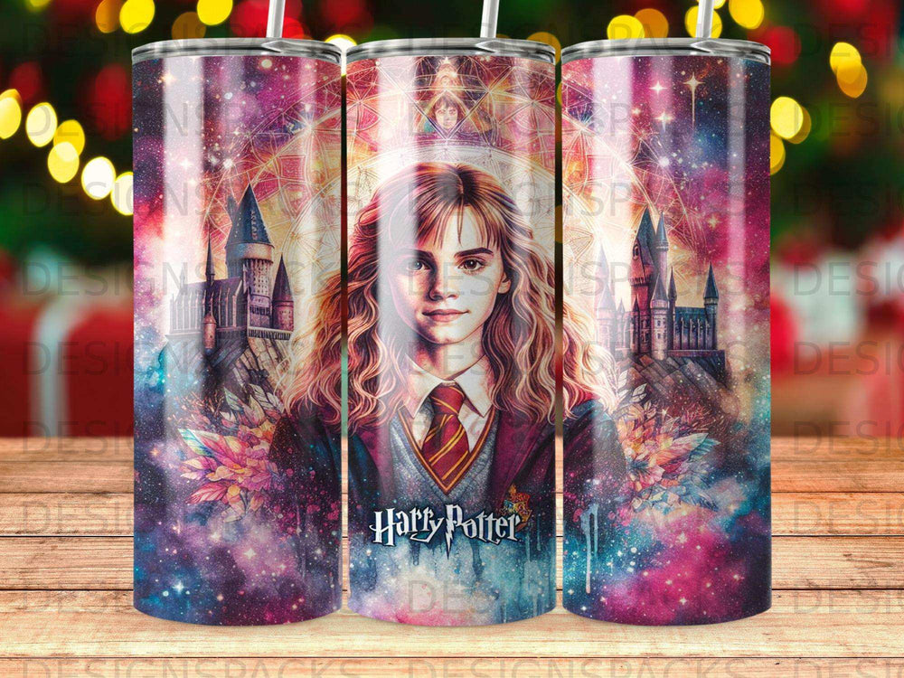 Harry Potter with Hogwarts Castle background and starry, cosmic overlay.