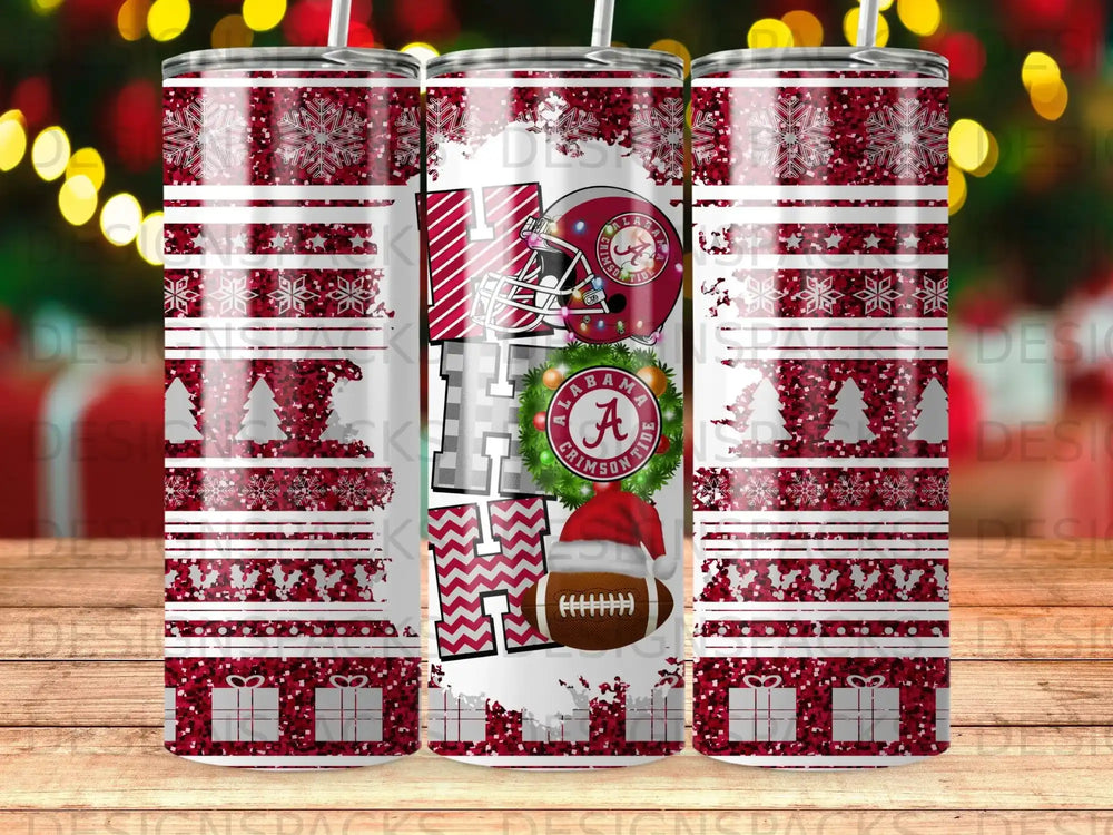 Tumbler with crimson and white snowflake pattern and "HO HO HO" text.