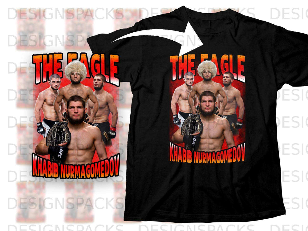 Khabib Nurmagomedov UFC graphic t-shirt design with multiple images of the fighter.