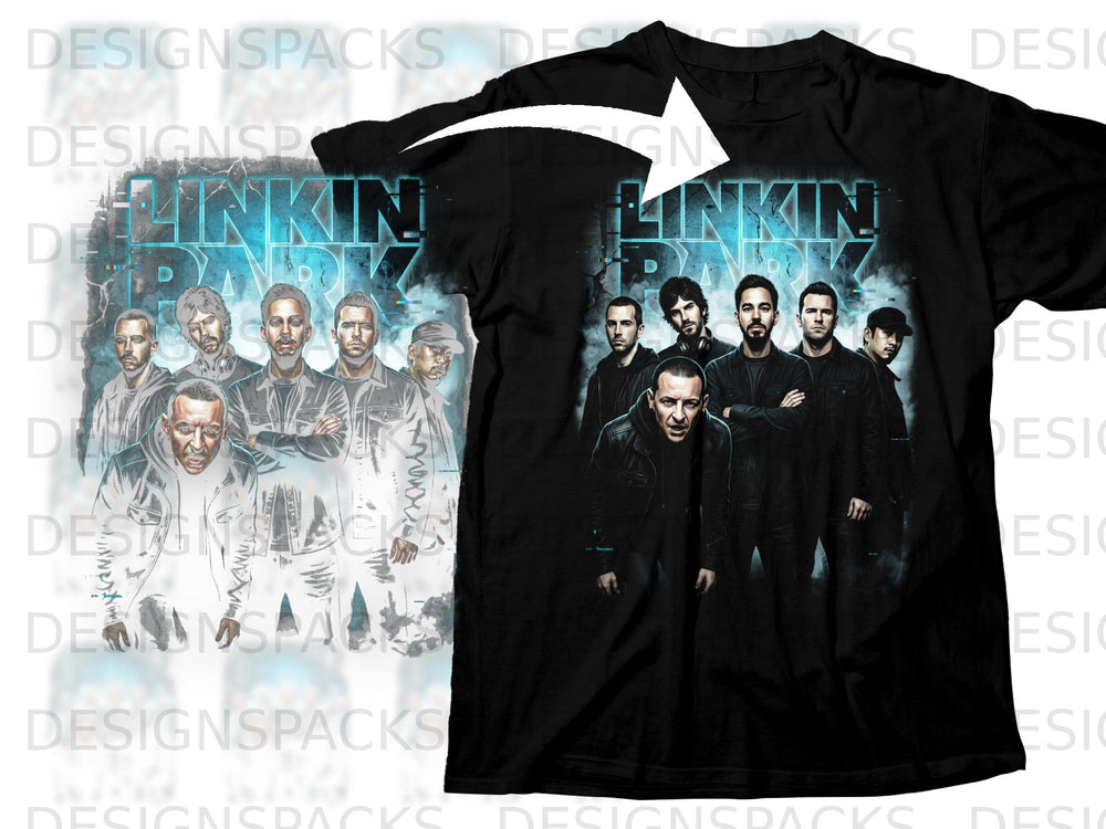 Black t-shirt with Linkin Park band members and logo graphic.