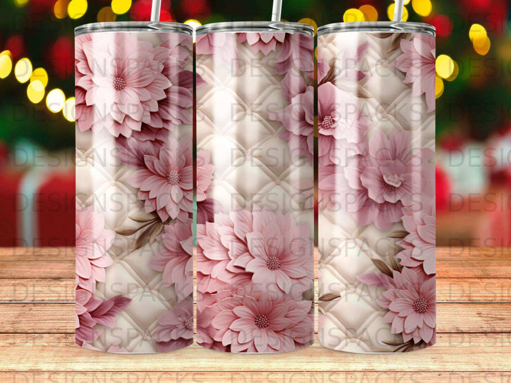 Pink floral design on a white quilted tumbler.