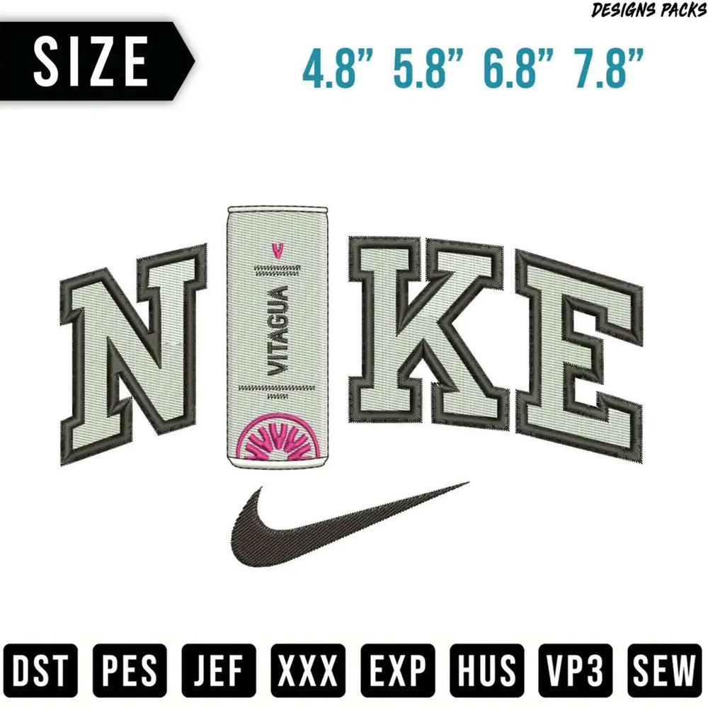Nike logo with a beverage can and embroidery file formats.