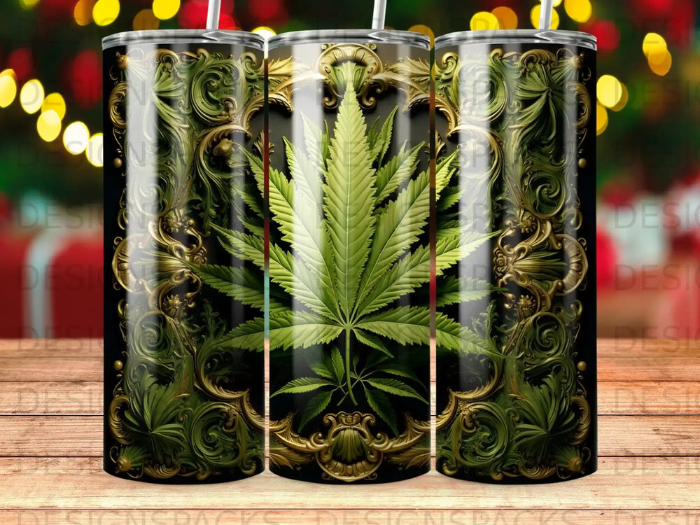 Cannabis leaf against ornate gold frame on a tumbler.