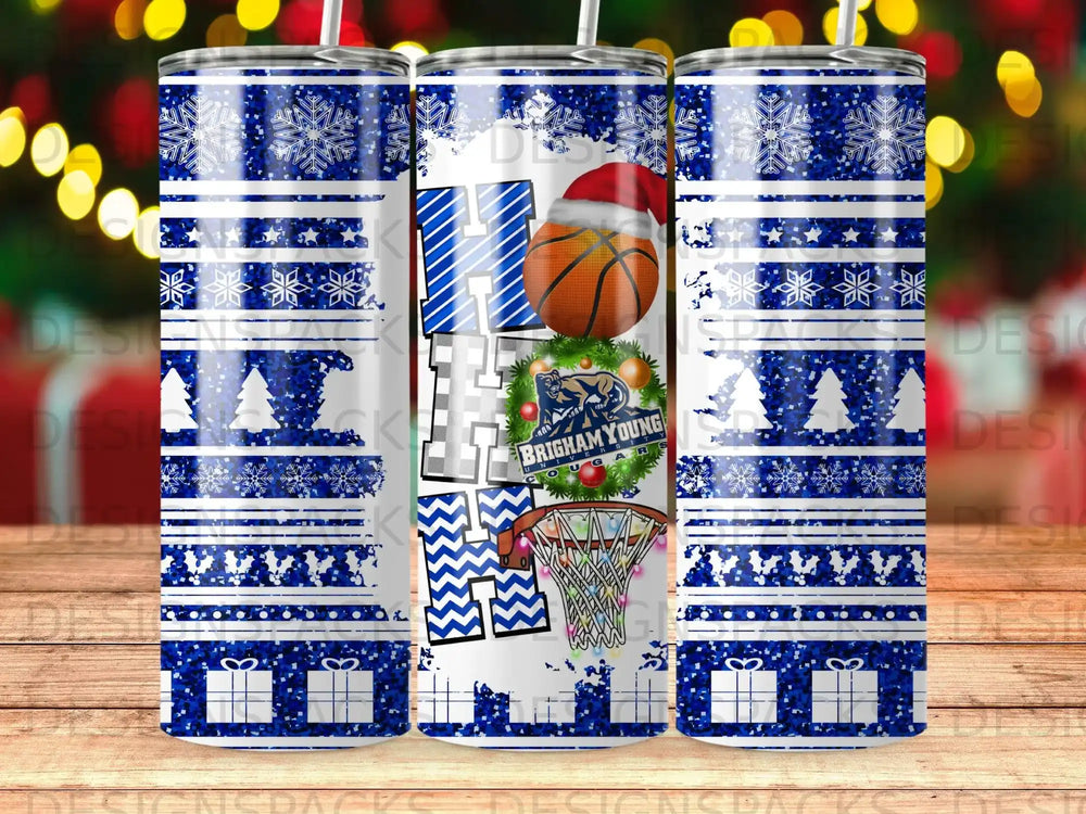 Christmas tumbler with BYU Cougars basketball logo and snowflake pattern.