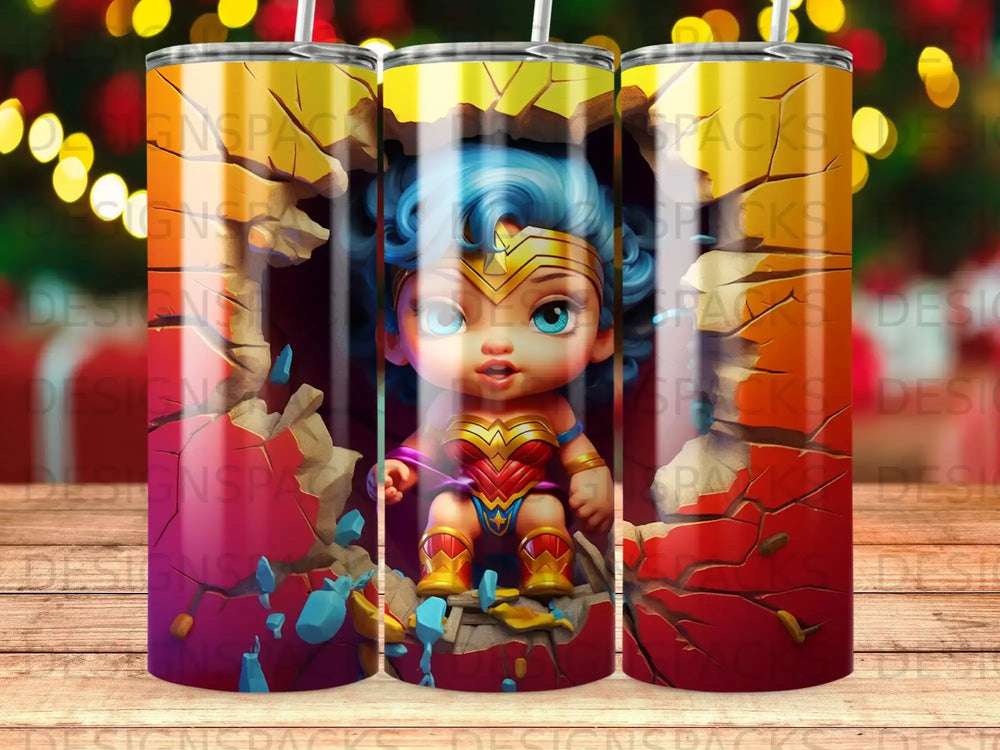 Wonder Woman chibi character breaking through a cracked wall.