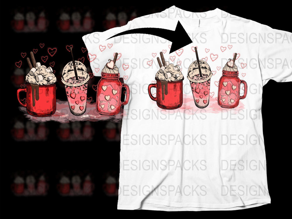 Valentine's Day Coffee Mug T-Shirt, Cute Hearts Red Cup Graphic Tee, Love Gift Idea