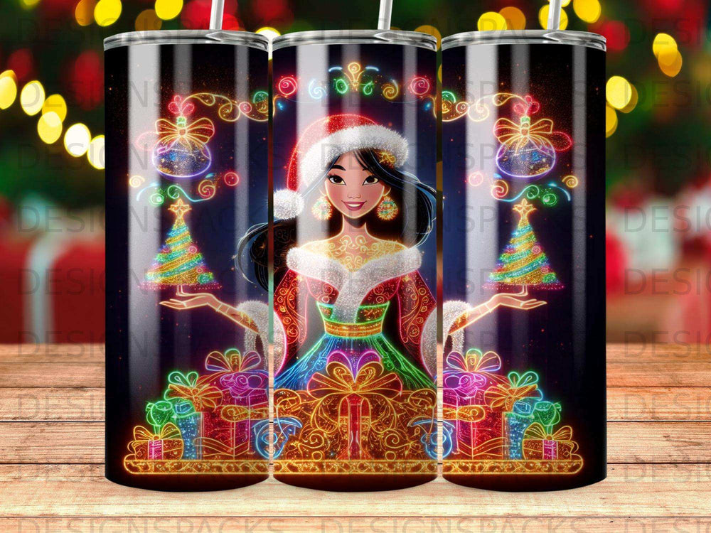 Christmas tumbler featuring Jasmine surrounded by festive lights, gifts, and decorated trees.