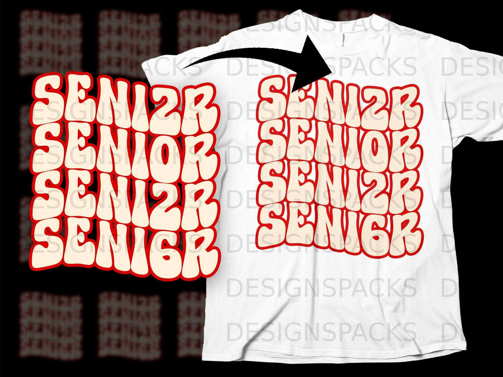 White t-shirt mockup with two "SENIOR" text designs in red and cream.