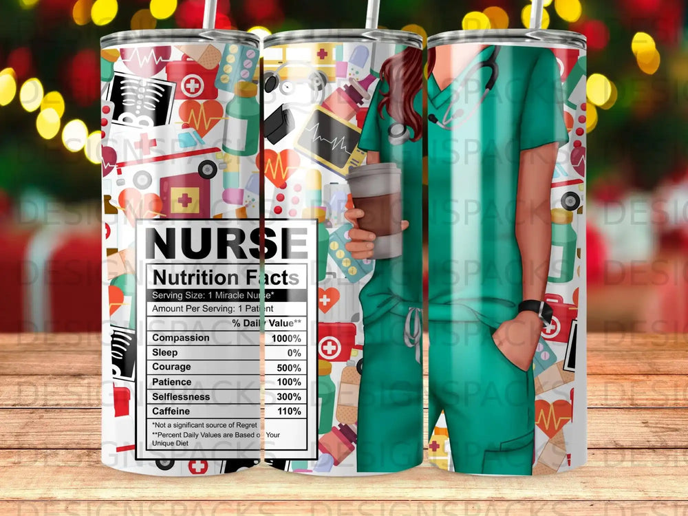Nurse-themed tumbler with nutrition facts about compassion and sleep.