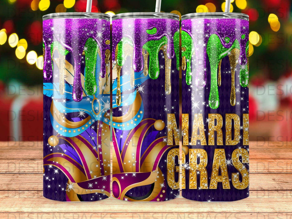 Mardi Gras tumbler with mask, feathers, and glitter.