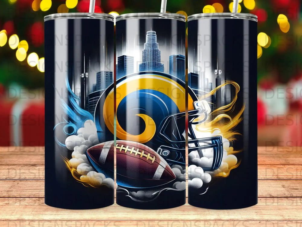 Los Angeles Rams helmet and football with cityscape and stylized flames.
