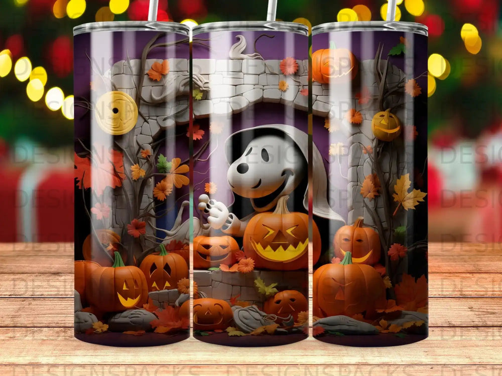 Snoopy in a pumpkin patch with Halloween decorations.