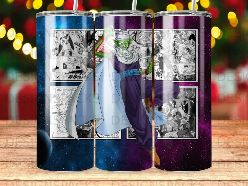 Dragon Ball Z manga panels with Piccolo and Goku on a tumbler.