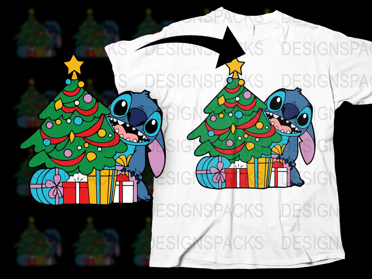 Christmas T-Shirt with Cartoon Character and Tree, Festive Holiday Gift, Kids and Adult Sizes Available