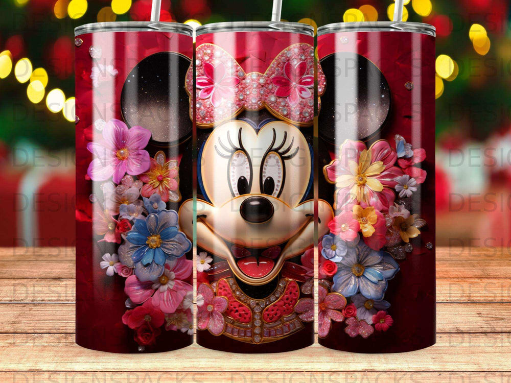 Minnie Mouse wearing a pink bow with a floral collar on a tumbler.