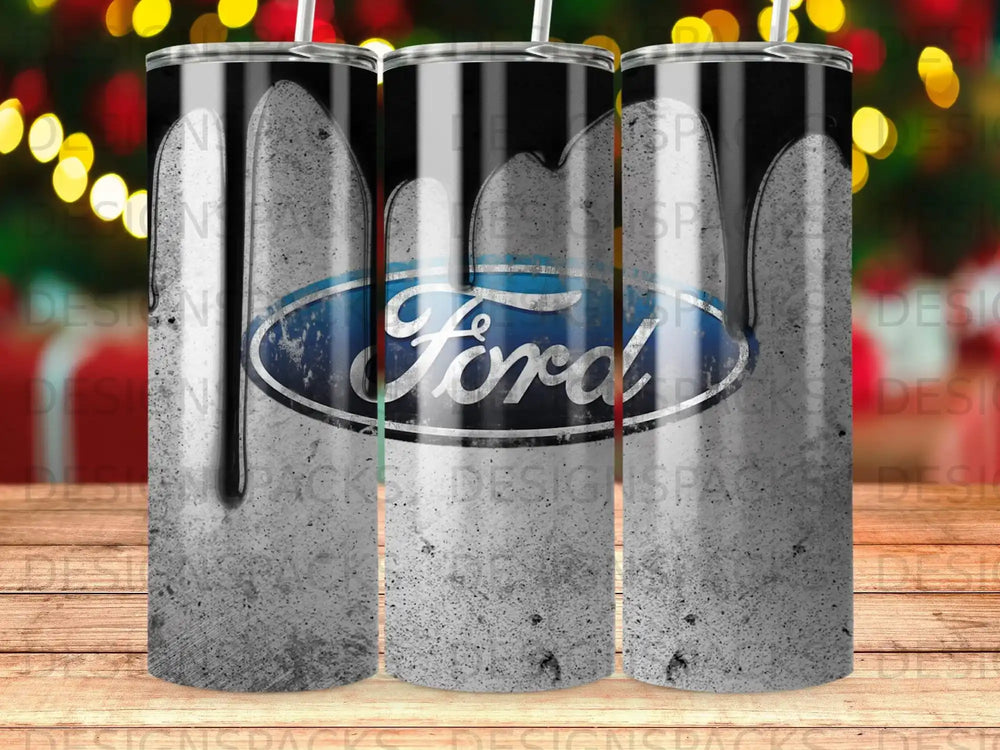 Ford logo with dripping black paint on a concrete texture tumbler.