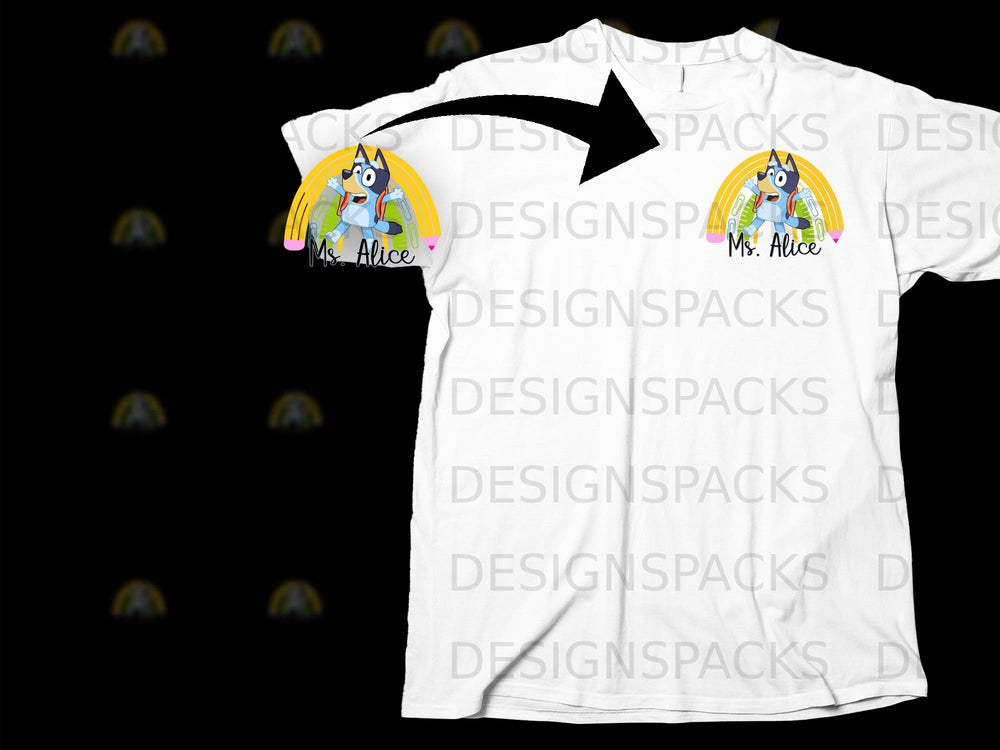 Blue dog character on rainbow with "Ms. Alice" text on white t-shirt.