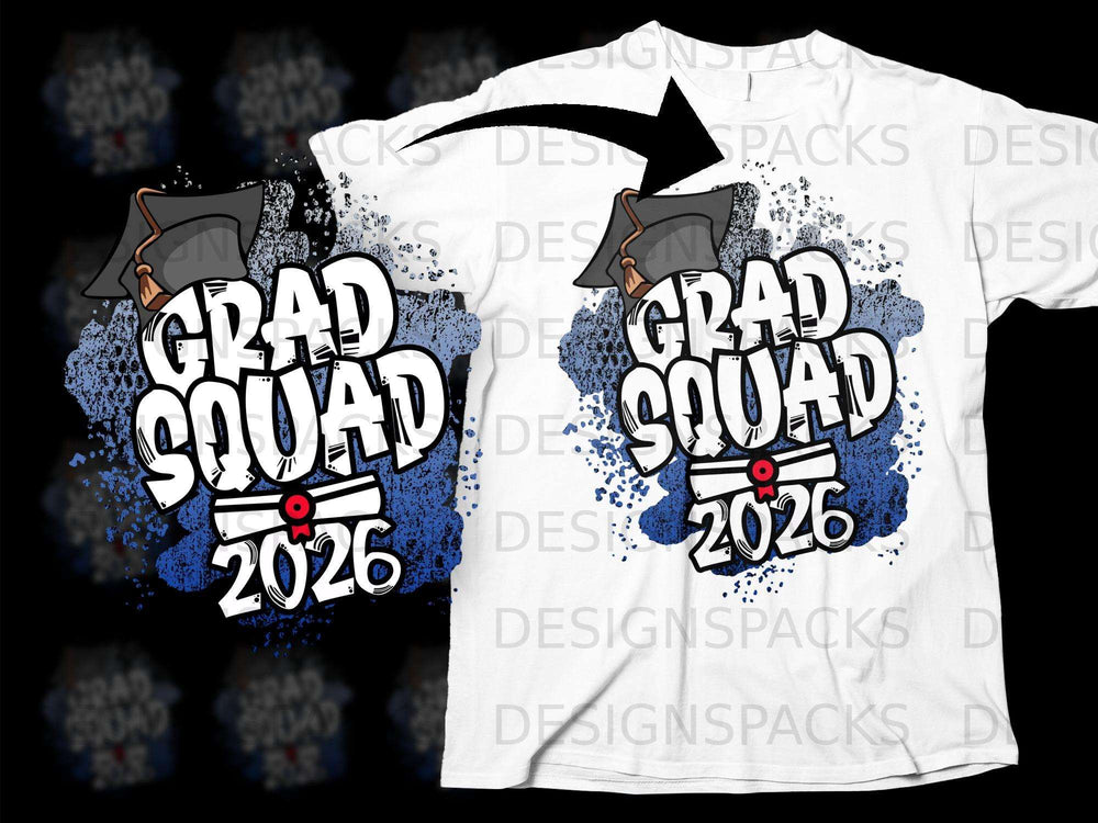 Grad Squad 2026 graphic with graduation cap and diploma on a white t-shirt.