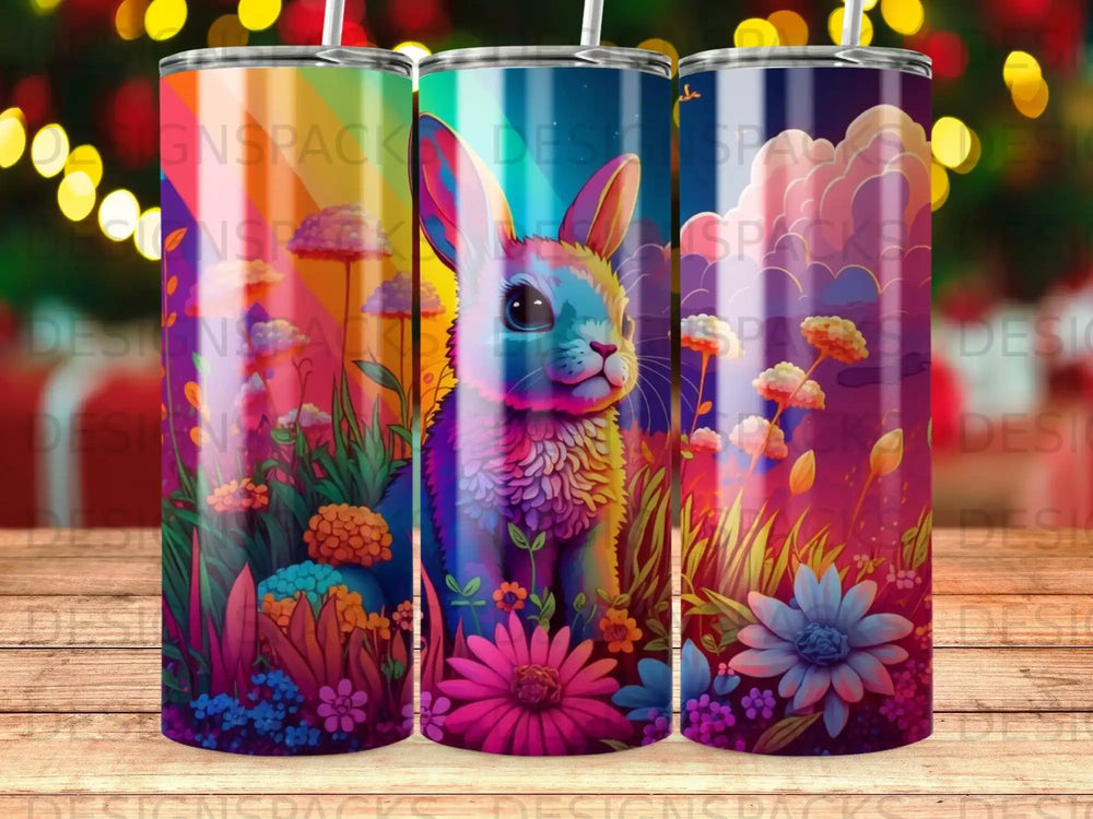 Colorful bunny with flowers and rainbow stripes on a tumbler.