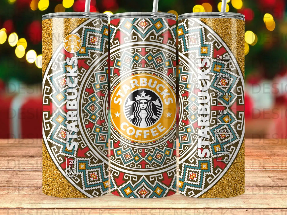 Starbucks tumbler with geometric pattern and drink order options.