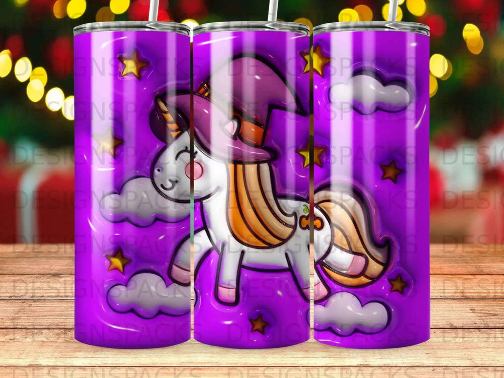 Illustration of a cartoon unicorn wearing a witch's hat with clouds and stars.