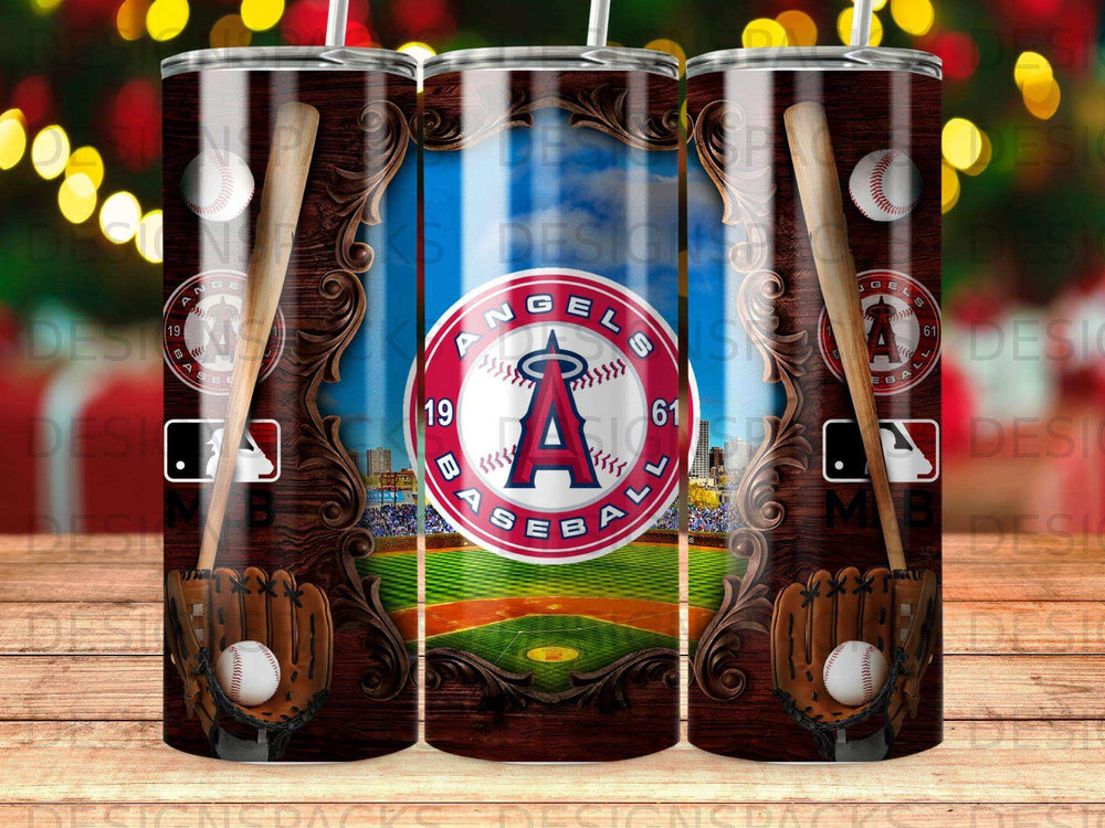 Los Angeles Angels baseball tumbler with glove, bat, and stadium background.