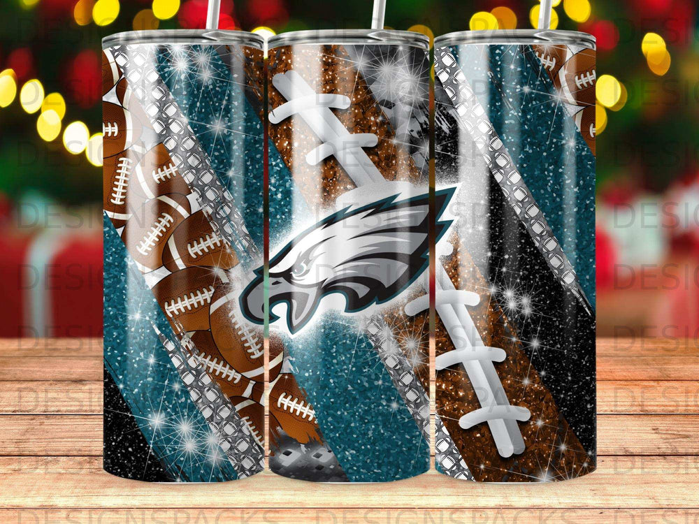 Philadelphia Eagles football tumbler with glitter and metallic accents.