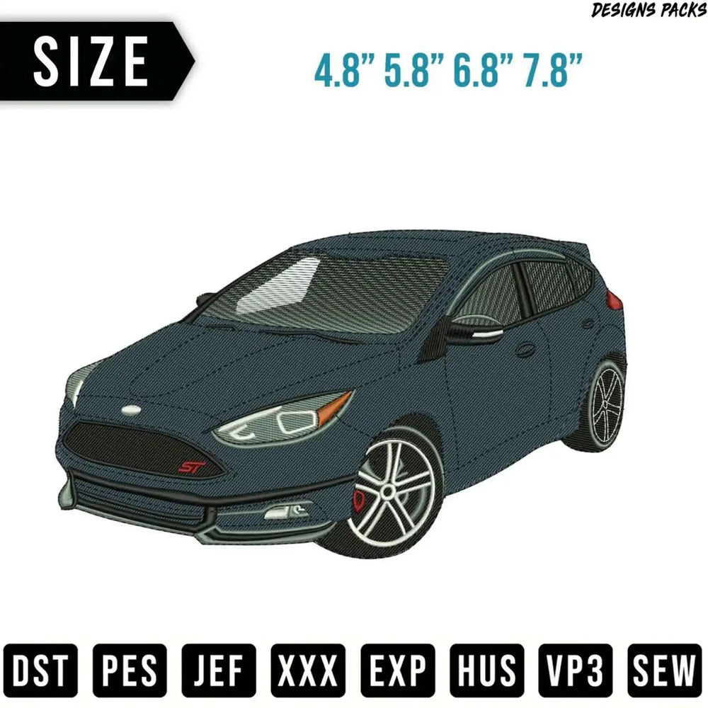Dark blue embroidered car design with size and file format text.