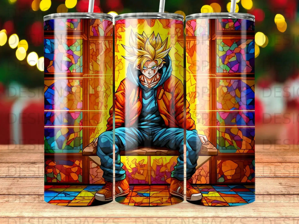 Goku sitting on a bench with stained glass background, anime art.