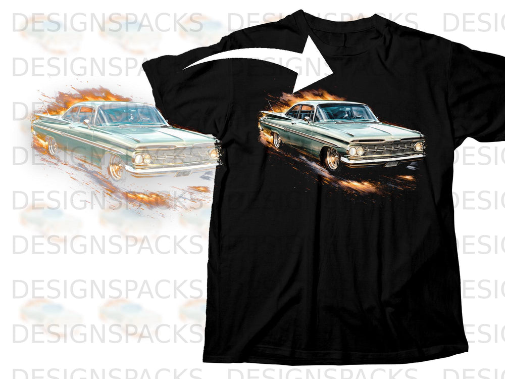 Black t-shirt with a teal classic car graphic with flames.