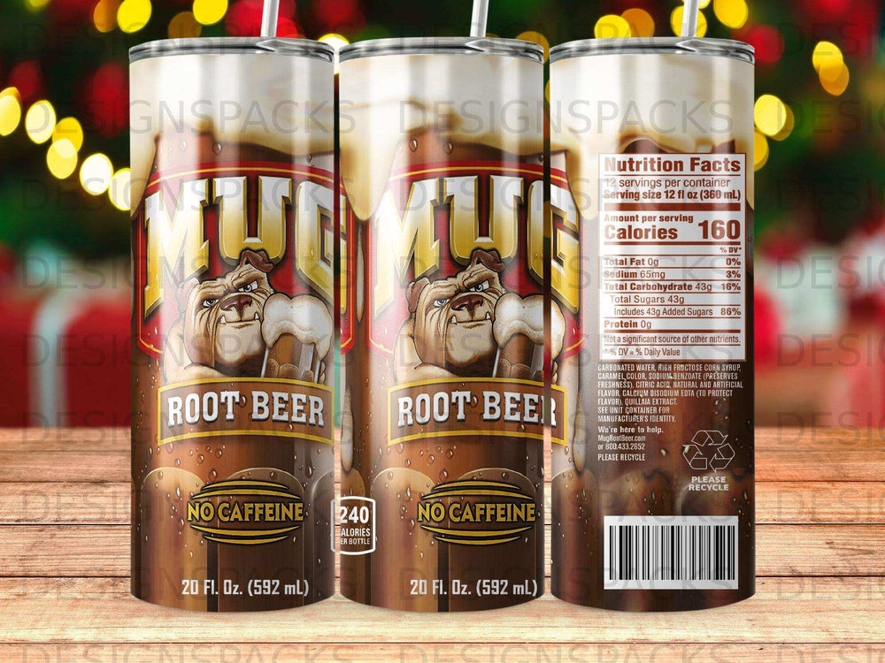 Mug Root Beer cans, one upright, one angled, showing "No Caffeine" labels.
