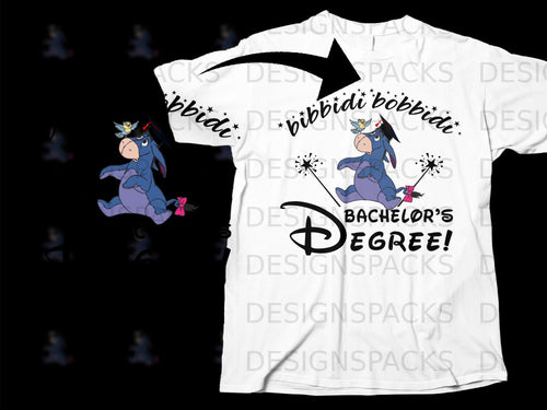Eeyore with a graduation cap, holding a wand and 