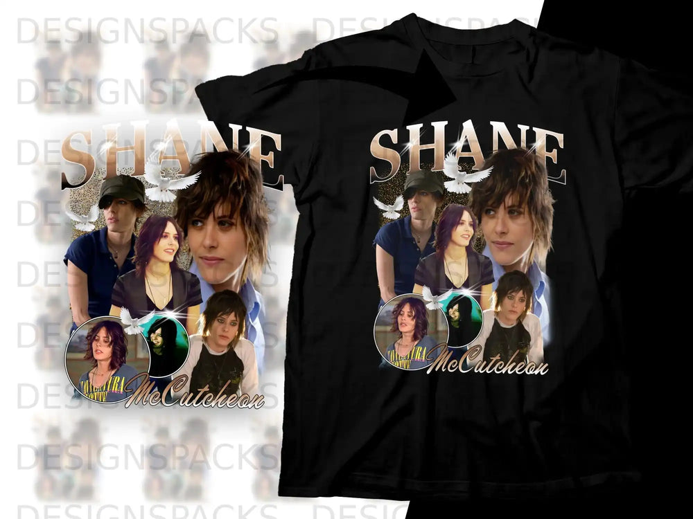 Black t-shirt featuring a collage of photos of Shane McCutcheon.