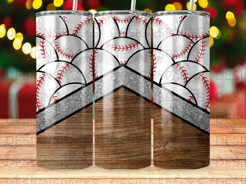 Tumbler with baseball pattern and wood grain design.