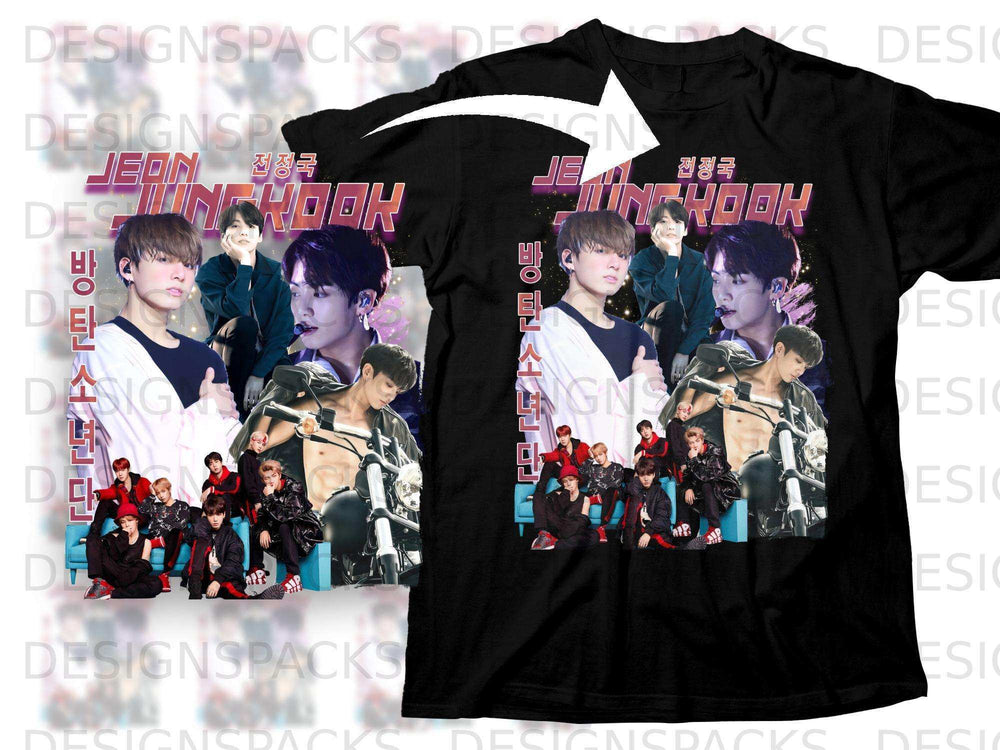 Black t-shirt with collage of BTS Jungkook photos and Korean text.